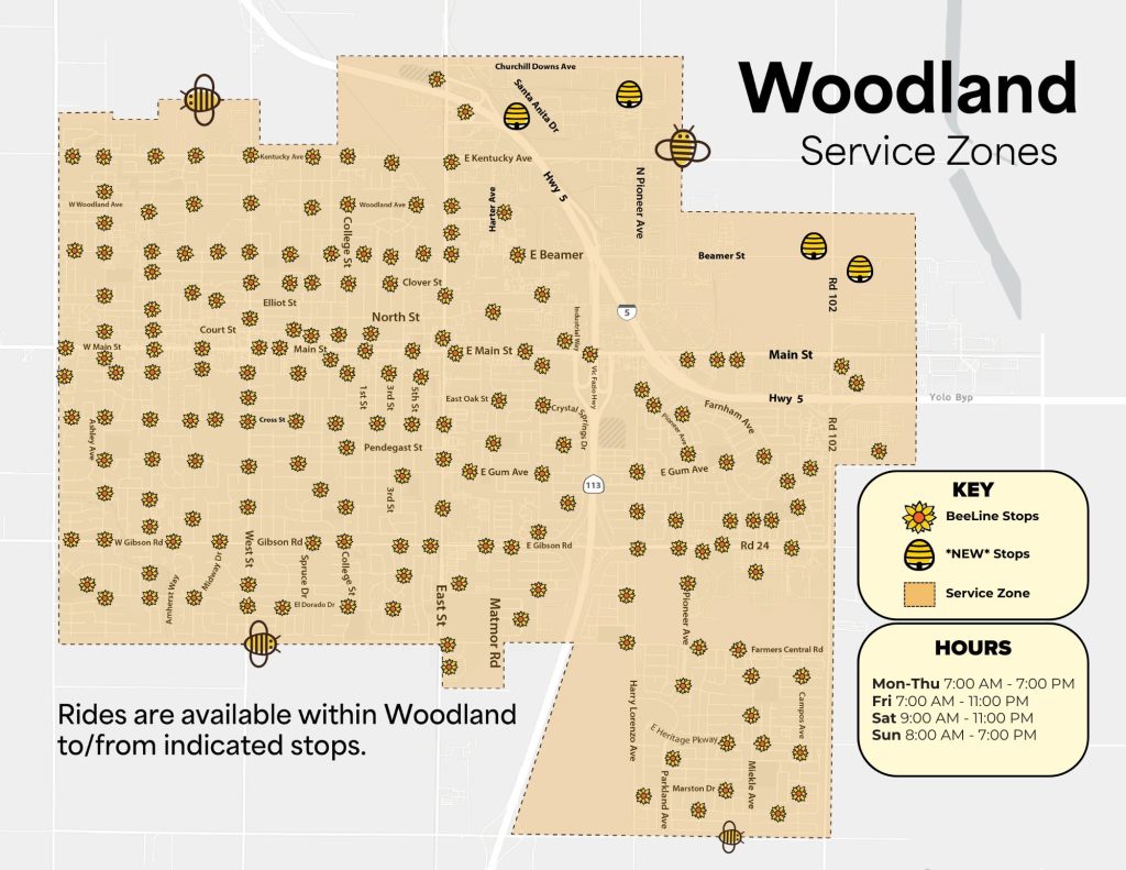 A map of the city of Woodland with highlighted locations where the BeeLine microtransit service stops.