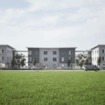 a row of three-story buildings on a residential street illustrate the rendering of the new Tupelo project